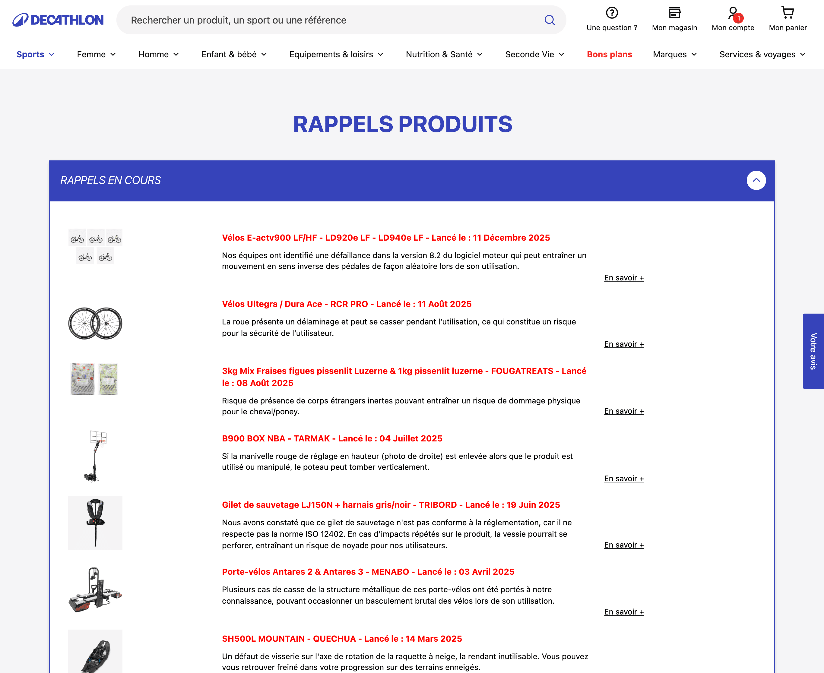 Page Rappels Produits — avant / après avant